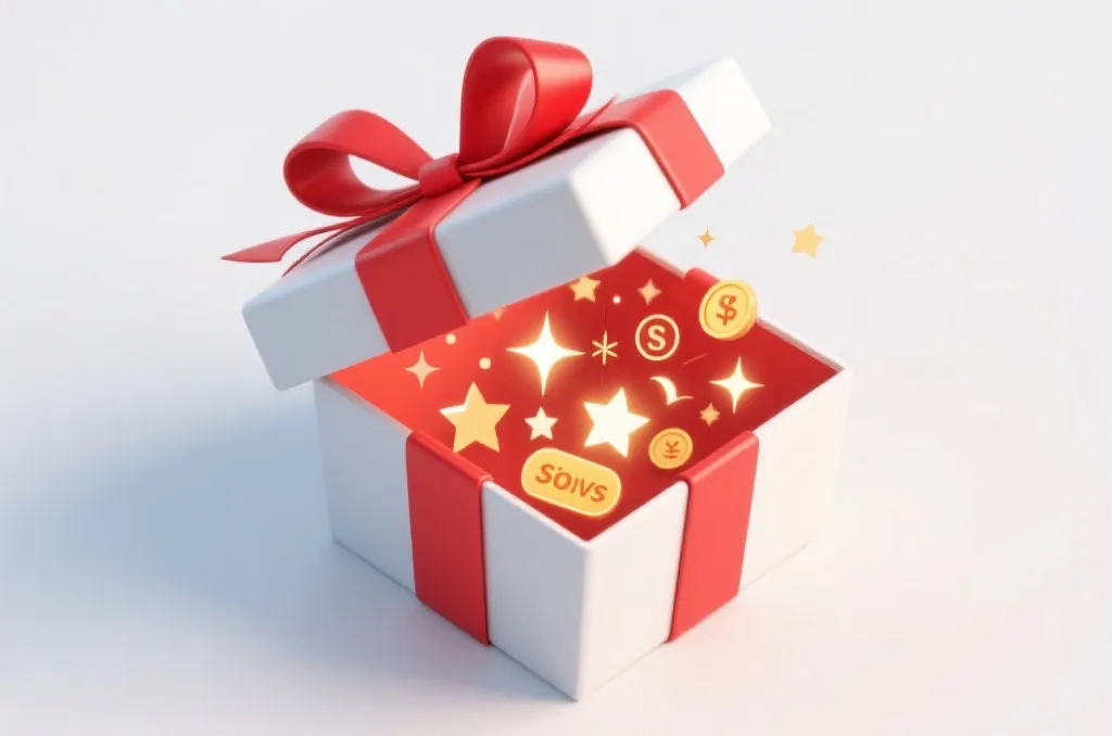 A beautifully wrapped gift box with a red ribbon opening up to reveal shining stars, clean background
