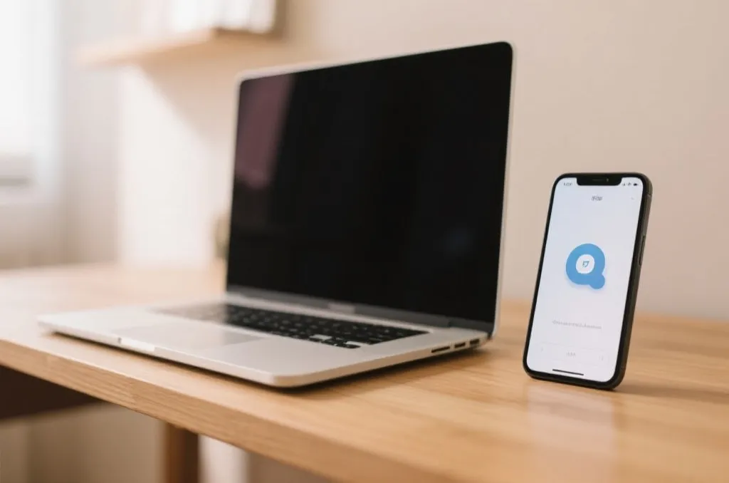 An editorial graphic showing a laptop and a smartphone side-by-side on a clean desk, representing web and mobile app choices