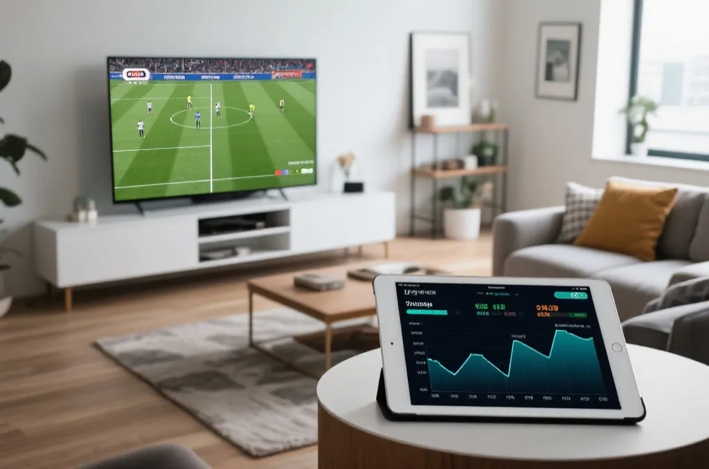 A modern living room with a smart TV showing a live soccer match and a tablet displaying real-time sports analytical data graphs